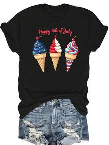 [Camiseta de moda casual] Camiseta suave y cómoda para mujer - Conos de helado patrióticos Casual de manga corta y cuello redondo, regalo perfecto para la abuela y la mamá, uso casual de primavera y verano - Negro - Ver 1