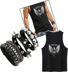 Eigso 3 Pcs Leather Punk Bracelets Men Women Of Rock Rivet Wrap Retro Spike Bracelet Adjustable - 黑色+銀色1 - 查看 12