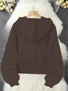 Women's Casual Everyday Commute Simple Solid Color Drawstring Hooded Lantern Sleeve Button Front Cardigan, Autumn/Winter - Brown - View 3