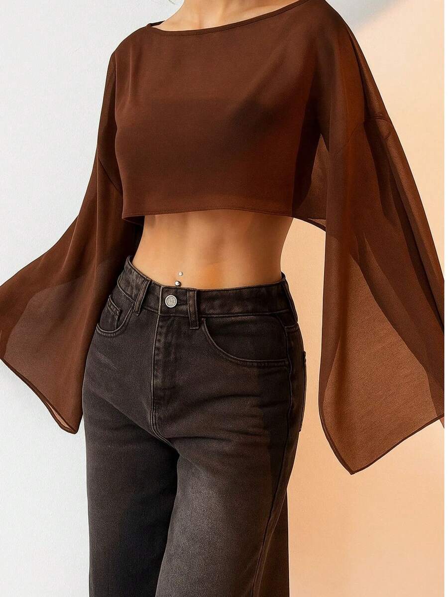 Cropped Tulle Cape With Open, Flowing Sleeves - Rust Brown - View 1