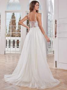 Elasola 优雅V领蕾丝婚纱，露背细肩带薄纱新娘礼服，适合婚礼派对，透视上衣贴花系带露背婚礼正式礼服，适合新娘户外婚礼派对，女士礼服。 - 米色 - 查看 3