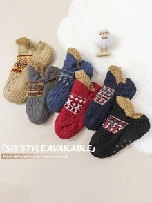 1Pair Of Men's And Women's Comfortable Knitted Slippers Socks - Anti-Slip, Warm Wool-Lined Home Socks, Geometric Pattern, Couple Socks - Multicolor - View 1