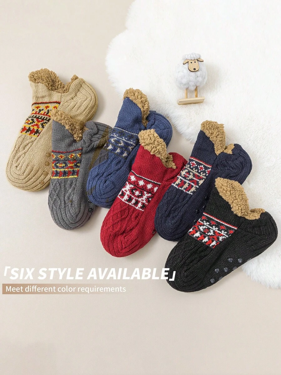 1Pair Of Men's And Women's Comfortable Knitted Slippers Socks - Anti-Slip, Warm Wool-Lined Home Socks, Geometric Pattern, Couple Socks - Multicolor - View 1