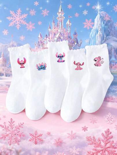 5/1 Par de meias esportivas infantis/meninas/meias de renda/meias de campus, decoração com padrão de ponto rosa fofo de desenho animado, meias esportivas respiráveis, macias e confortáveis para a pele, que absorvem a umidade, meias de renda versáteis, adequadas para a volta às aulas/roupas de campus/roupas esportivas/sala de aula/novo semestre/abertura de escola/alunos/temporada de volta às aulas