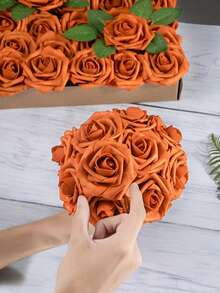 25/50/300 Pcs Realistic Roses Artificial Flowers , Fake Roses With Bendable Long Stems, Autumn Decor, Texture Flowers For Wedding Decorations,Home Decor, Arrangement, Event, Holiday,Parties.(Every 25 With 2pcs Of Leaves) - Orange - View 6