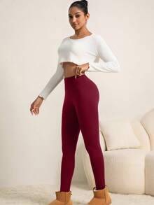 女士高腰保暖紧身裤，加厚保暖紧身裤，适合冬季运动，柔软瑜伽裤，女装 - 酒紅色 - 查看 7