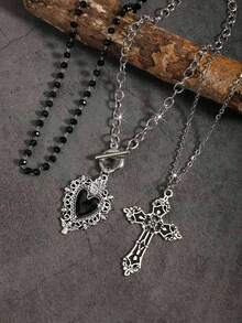 3pcs Vintage Gothic Style Beaded Black Heart OT Chain, Punk Rock Retro Sweet Goth Cross Necklace, Dark Gothic European & American Y2K Choker Necklace Design - 銀色 - 查看 2