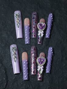 CrystalHola Valentine's Day & New Year's Edition 10 Pcs Handmade Press-On Nails,French Tip Nails, Square Long Nails, Fresh And Luxurious, Y2K, Exquisite, Diverse Styles, Oversized Purple Heart Gems, 3D Gel Strips, Shining Sequins, Hand-Painted Stripes, Christmas Elements, Gems Of Different Shapes, Cute Bear Accessories, Nail Set. Unique Artwork Within Reach, Detachable And Reusable, Full Coverage Design, Durable, A Top Choice For Gifts For Girls, An Essential Fashionable Accessory For Parties, Weddings, And Holidays, Suitable For Christmas, Halloween, And New Year Wear, Very Shiny And Eye-Catching. - Multicolor - View 15