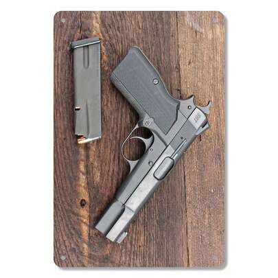 1pc Classic Self-Defense Pistol Iron Wall Art Sign, Frameless 8x12 Inch Rectangular Plaque For Home, Bar, Cafe, Restaurant, Garage Decor.