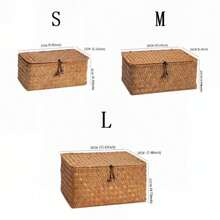 1 件带盖编织篮，藤条储物盒，矩形储物容器，玩具收纳箱，适用于房间、大厅、厨房、浴室、卧室装饰