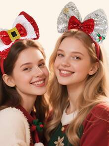 1PC Christmas Bow Headbands, Sequin Xmas Hair Hoops With Santa Holly Gift Decor, Cute Festive Hair Accessories For Women Girls, Christmas Party Cosplay Headwear, Party, Hair Band ,Hairband For Women