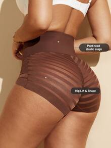 1pc Women High Waist Shaping Panties, Striped Lifting Mesh Waist Shaping Shorts, Slimming Tummy Control Underwear Briefs - Coffee Brown - View 4