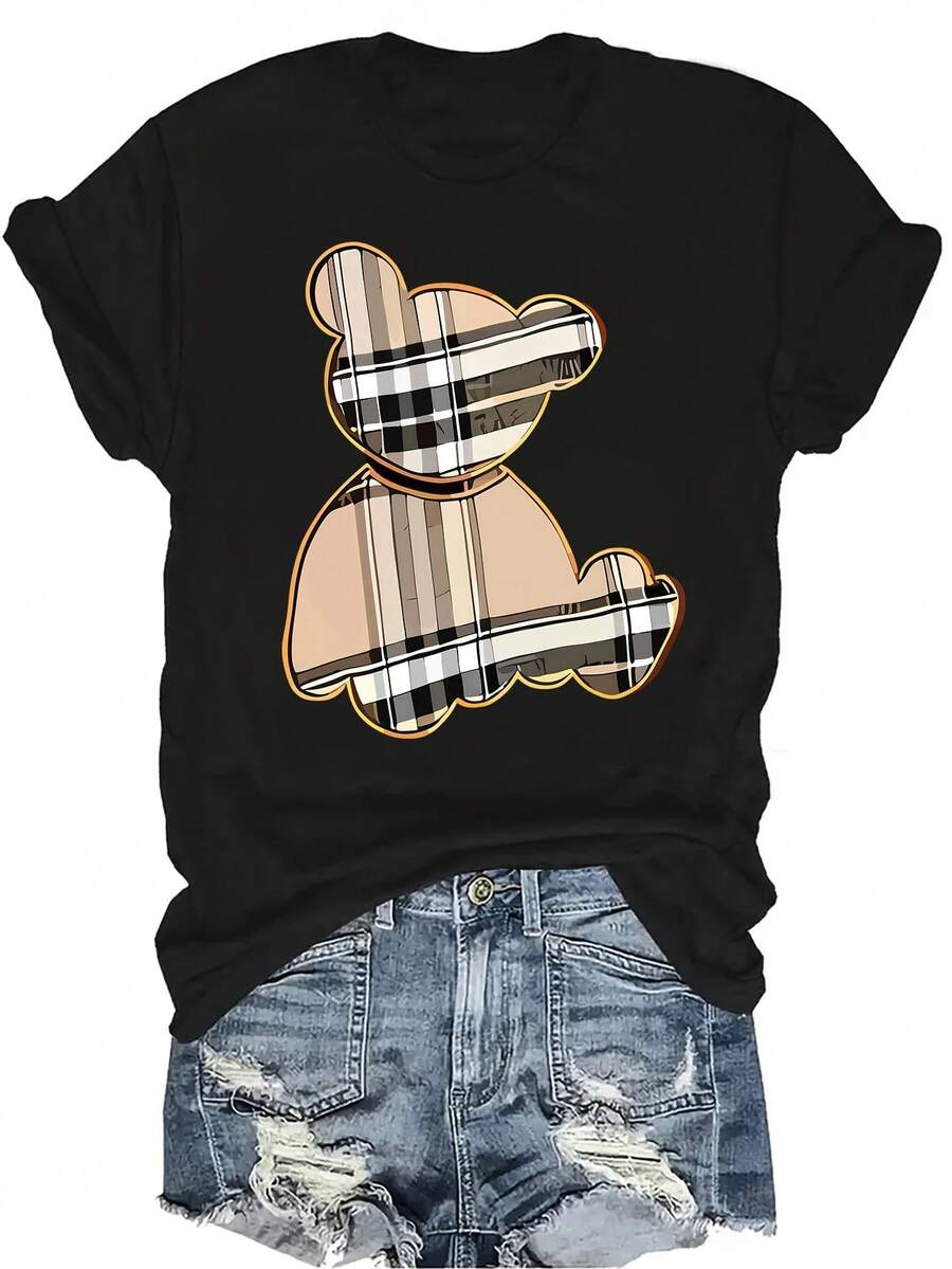 [Camiseta de Moda Casual] Camiseta suave y cómoda para mujer - Diseño de oso de peluche a cuadros Casual de manga corta y cuello redondo, regalo perfecto para la abuela y la mamá, uso casual de primavera y verano - Negro - Ver 1