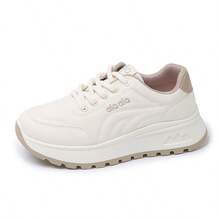 女士春秋新款运动厚底运动鞋，网眼透气厚底浅口坡跟休闲鞋，轻便百搭时尚休闲系带白灰色运动鞋 - 卡其色 - 查看 10