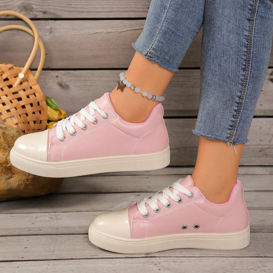 女士百搭休闲鞋，防水防滑，易于清洁，圆头低帮，舒适平底，百搭，撞色，运动休闲鞋，复古风格运动鞋，尺码 36-42 加大码 - 粉色 - 查看 1