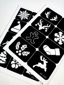 2 张圣诞纹身模板，雪人、驯鹿、雪花模板可重复使用身体模板，闪光喷枪 DIY 纹身模板，适合女性、女孩和男孩身体艺术自粘模板派对礼物 - 黑色 - 查看 9