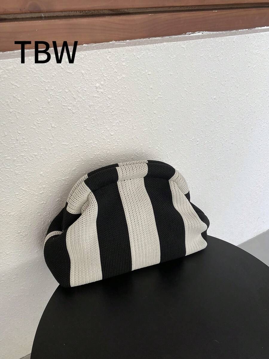 女士针织手提包，撞色条纹设计，大容量，经典复古搭扣包，适合度假旅行 - 黑與白 - 查看 1