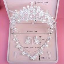 Bridal Crown Necklace Earrings Set, High-End Wedding Pearl Crown Necklace Earrings 3 Pieces Set For Prom, Birthday Party, Headpiece Bridal Jewelry Crown Set Necklace - Silver - View 2