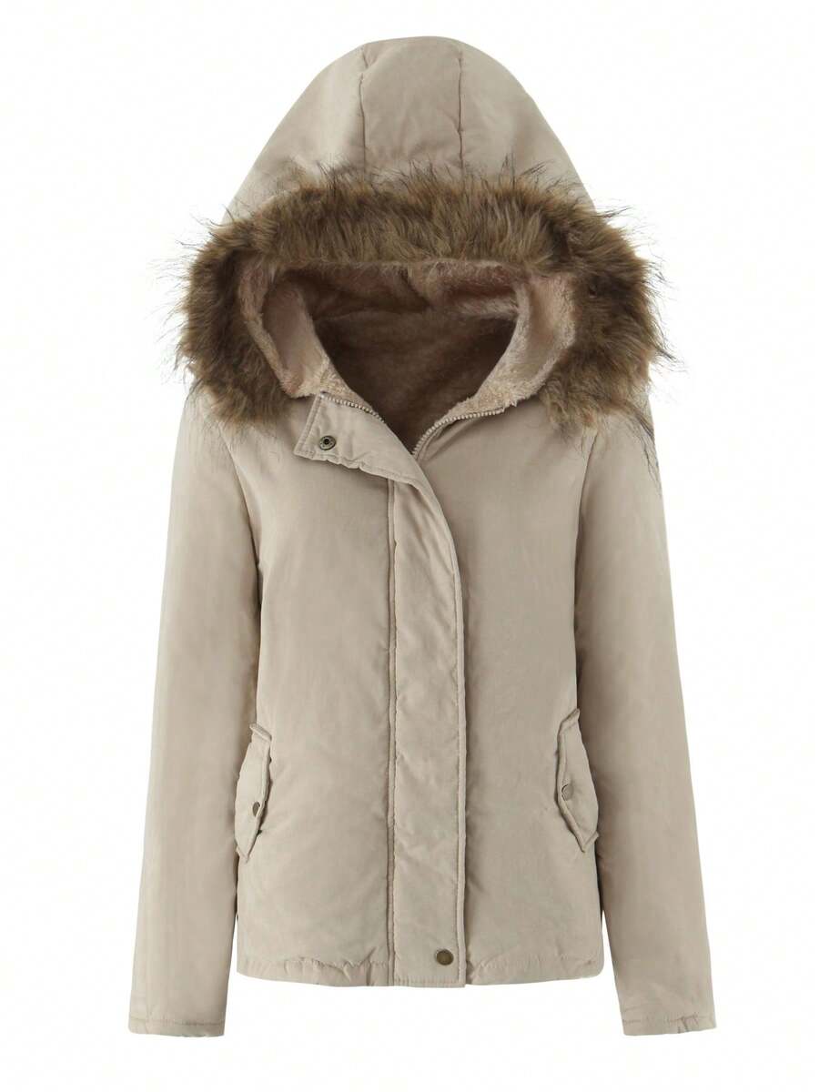 Jaqueta com Capuz Feminina, Corta-Vento Casual, Tecido Tecido de Cor Sólida, Bolsos, Adequado para Outono, Inverno, Primavera - Caqui - Visão 1