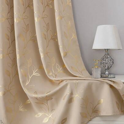 1pc Gold & Silver Leaf Texture Blackout Thermal Insulated Curtain, Privacy Protection, Top Eyelet, Suitable For Living Room Bedroom, Kitchen Bathroom And Door Curtain, Home Decor