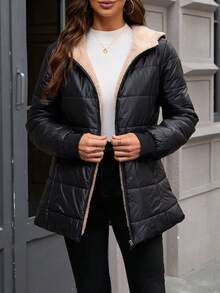 Jaqueta com Capuz Acolchoada Feminina, Tecido Tecido de Cor Sólida, Acolchoada, Adequada para Outono, Inverno, Primavera - Preto - Visão 3