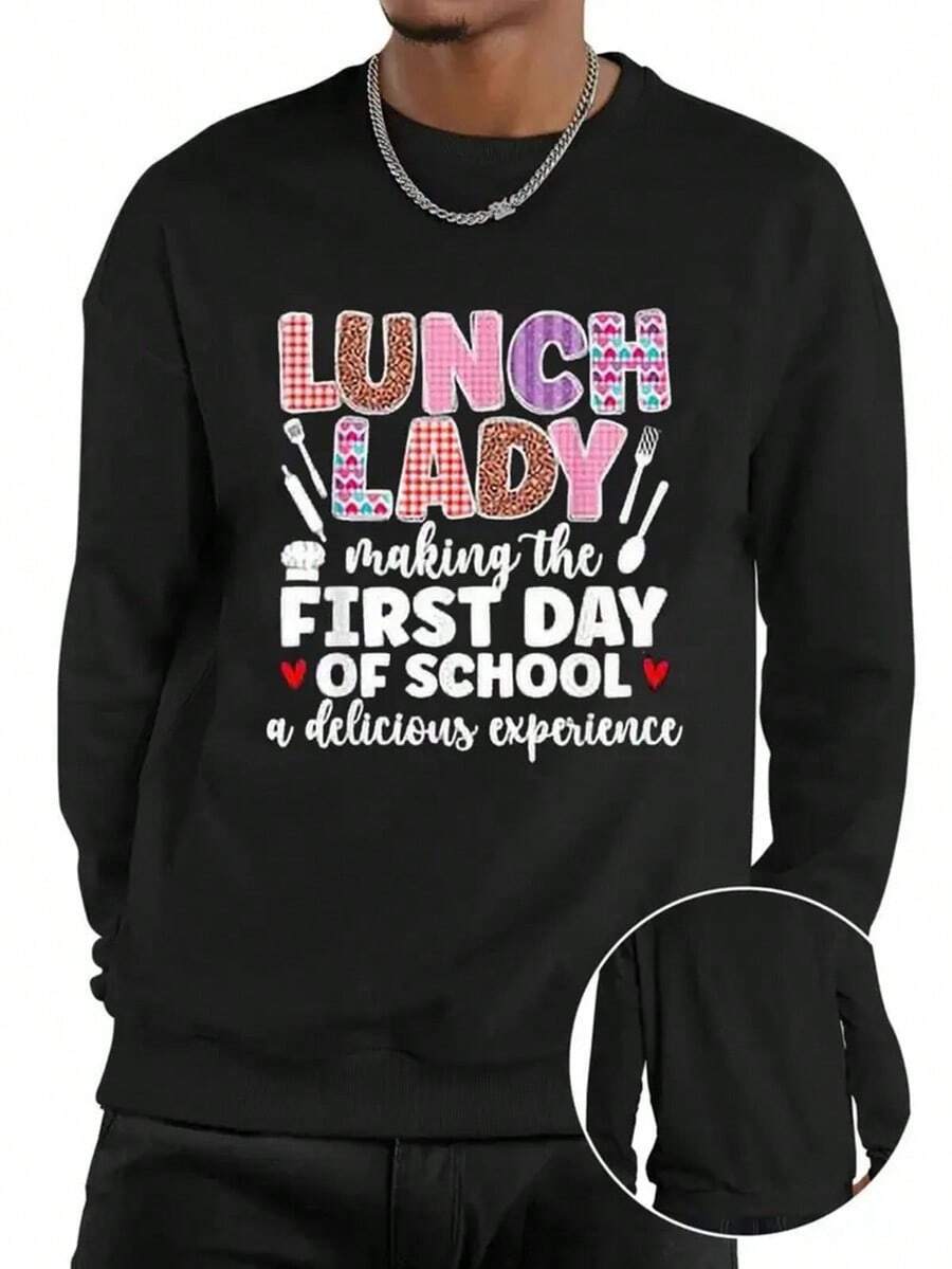 Men'S Black Lunch Lady Back To School Hoodie - High-Stretch Crew Neck With Colorful Checkered Design, Heart & Fork Graphics, Perfect For First Day Of School,Fall Hoodies,Men's Fall Clothes,Street Wear,Halloween,Mens Hoodies,Y2k Clothes,Jesus Hoodie,Thanksgiving Day,Nightmare Before Christmas,Christmas - 黑色 - 查看 1