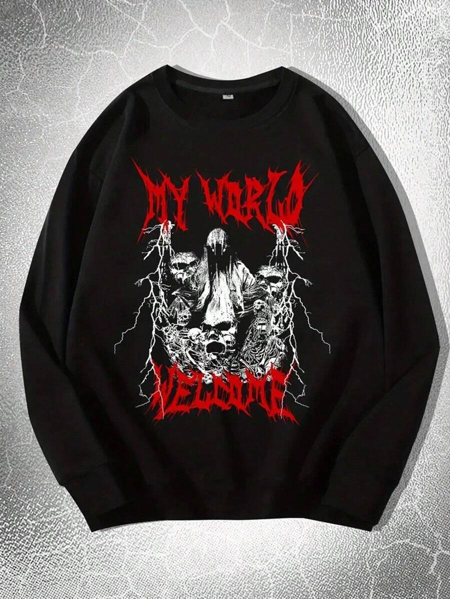 Men's Fashionable Casual Halloween Pattern Print, Round Neck Pullover Long Sleeve Sweatshirt, Suitable For Outdoor Sports, For Autumn And Winter, Can Be Paired With Hip-Hop Necklace, As Gifts,Fall Hoodies,Men's Fall Clothes,Street Wear,Halloween,Mens Hoodies,Y2k Clothes,Jesus Hoodie,Thanksgiving Day,Nightmare Before Christmas,Christmas - Black - View 1