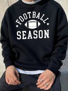 Men'S Football Season Graphic Sweatshirt - Black Casual Long Sleeve Pullover With White Print, Loose Fit For Sports & Casual Attire, Comfortable Round Neck Design,Fall Hoodies,Men's Fall Clothes,Street Wear,Halloween,Mens Hoodies,Y2k Clothes,Jesus Hoodie,Thanksgiving Day,Nightmare Before Christmas,Christmas - 黑色 - 查看 1
