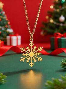 MONALLY New Year Exquisite Christmas Jewelry Charm Gold Hollow Out Snowflake Pendant Stainless Steel Necklace For Mother&Lover&Birthday&New Year Gift Hypoallergenic Accessory Daily Wear For Banquet Prom Party Romantic Holiday Gift