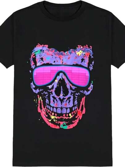 Sound-Activated LED Neon Skull & Fashion Glasses Graphic T-Shirt For Men & Women - Retro Style Ultra-Soft Breathable Tee, Moisture-Wicking Regular Fit Short Sleeve, All-Season Casual Streetwear, Machine Washable (Black), Vintage Tshirt, Versatile Clothing, Streetwear Fashion, Vibrant Design, Soft Shirt, Moisturewicking Fabric