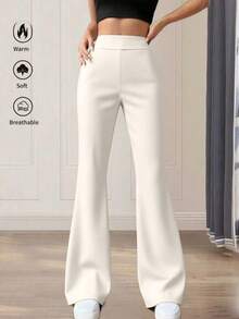 Petite Women's Solid Color High Waist Casual Flare Pants Spring - Apricot - View 2