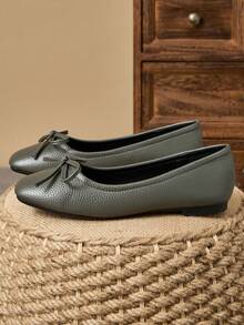 MonaNise Women's Fashion Square Toe Low Vamp Apricot Bow Flat Shoes, Black & White Outdoor Casual High-End Khaki Versatile Flats - Grey - View 5