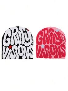 2pcs "GRVTY VISIONS" Hip Hop Beanie Cap, Y2K Fashion Cold Knit Hat, Outdoor Warm Thermal Hat For Men, Wear - GRVTY VISIONS - View 9