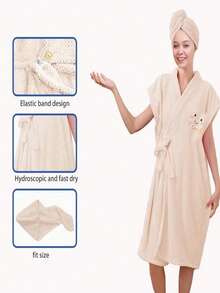 2-Piece Set, Women's Bath Towel Dry Hat Set, Spa Lace-Up Bathrobe, Cartoon Embroidery Short-Sleeved Coral Velvet Shawl Bathrobe,Large Bath Towel Body Wrap, Adjustable, Thickened Coral Fleece, Soft And Absorbent, Perfect For Home Use, Travel, Sauna And Spa - Multicolor - View 6