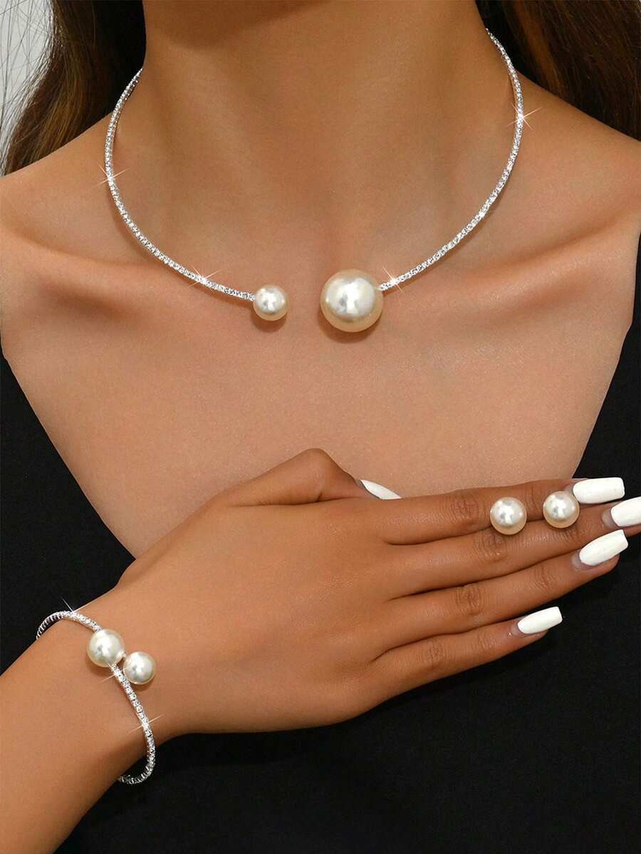 4pcs/Set Fashion Wedding Jewelry Set: Pearl & Rhinestone Necklace, Gold Bracelet, Earrings For Women, Lightweight Luxury Choker