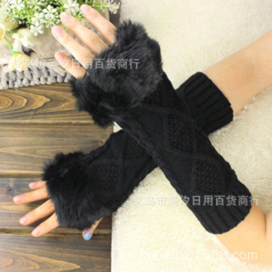 Korean Version Of Autumn And Winter Medium And Long Imitation Rabbit Fur, Wool Gloves, Driving And Riding Twist Knitted Arm Cover Wholesale - 黑色 - 查看 1
