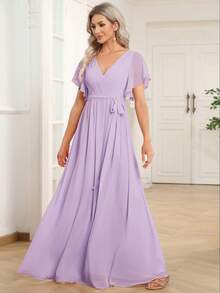 Bridesmaid Long Dress, Short Ruffle Sleeves, Deep V-Neck, Chiffon Fabric, Pleated Design, Tie-Up Style - Mauve Purple - View 6