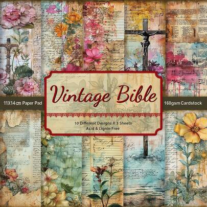 30pcs Vintage Bible Verse Scrapbooking Papers, Unique Floral & Cross Artwork Collage Craft Papers, Suitable For Christian Journal, Planner, Card Making And DIY, Scrapbooking Supplies