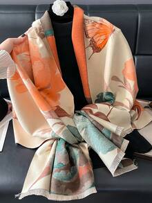 1 buc. Eșarfă jacquard elegantă cu model floral și fluturi, șal cald potrivit pentru camere cu aer condiționat, accesoriu de modă pentru toamnă/iarnă - Multicolor - Vizualizare 8
