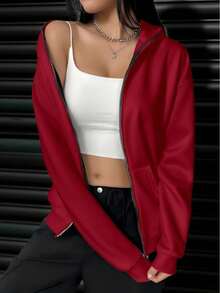 女士宽松拉链口袋卫衣，带口罩，适合秋冬季、万圣节、圣诞节等场合，时尚百搭，女士连帽卫衣 - 紅色 - 查看 7