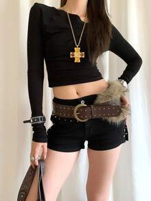 1pc Women's Brown PU Leather Double Row Antique Copper Rivet Fuzzy Belt