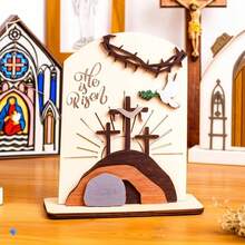 B&T  Christian Home Decor, He Is Risen Wooden Easter Decor – Christian Resurrection Scene With Empty Tomb & Cross, Religious Table Decorations For Home, Church, Office, Shelf, Desk, Tiered Tray - W - View 11