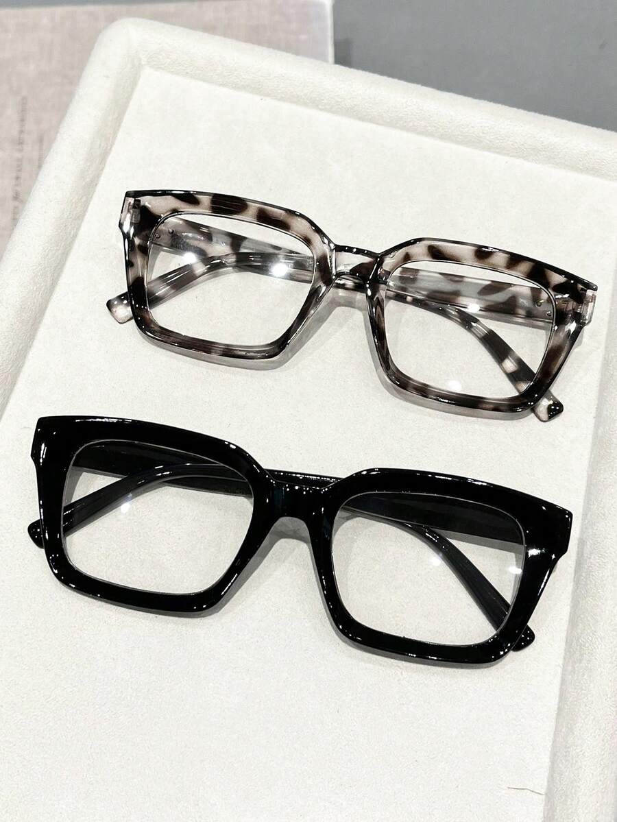 2pcs Leopard Print Plastic Geometric Full Frame Personalized Ins Style Transparent Glasses, Suitable For Music Festivals, Back To School Season, Weekend Outfits, Daily Life, Holiday Gifts, Fashion Accessories, Fits All Face Shapes - 2 miếng Pudding đậu phụ đen trắng - Xem 1