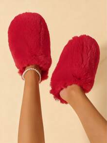 2025 Autumn/Winter New Fashion Fluffy Slippers For Men & Women, Warm Plush Toe Cover House Slippers - Red - View 4