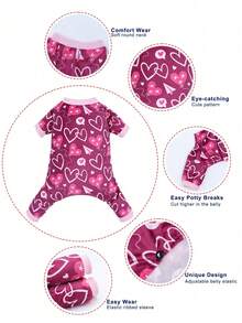 1件爱心印花宠物睡衣，防舔防掉毛，可爱狗狗猫咪家居服 - 彩色 - 查看 4