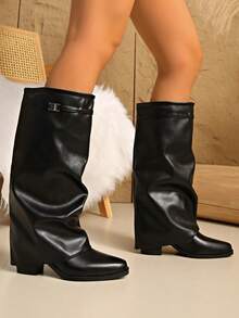 Women's Fashion Autumn/Winter Single Layer Lining Western Style Pull-On Buckle Closure Holiday Vacation Party Knee-High Boots, Black Pleated Shaft Chunky Heel Tall Boots