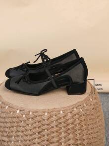 方头粗跟女鞋，百搭蝴蝶结一脚蹬平底鞋，时尚穆勒鞋，黑色镂空高跟鞋，女式高跟浅口鞋，尺码偏大 35-43 - 黑色中空(雙蝴蝶結) - 查看 7