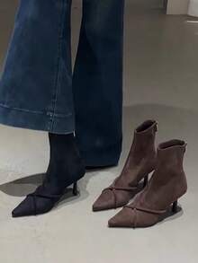 2025 Autumn/Winter New European & American Pointed Toe High Heel Ankle Boots, Slim Fit Patchwork Ankle Boots, Retro Brown Ankle Boots, Kitten Heels - Brown - View 8