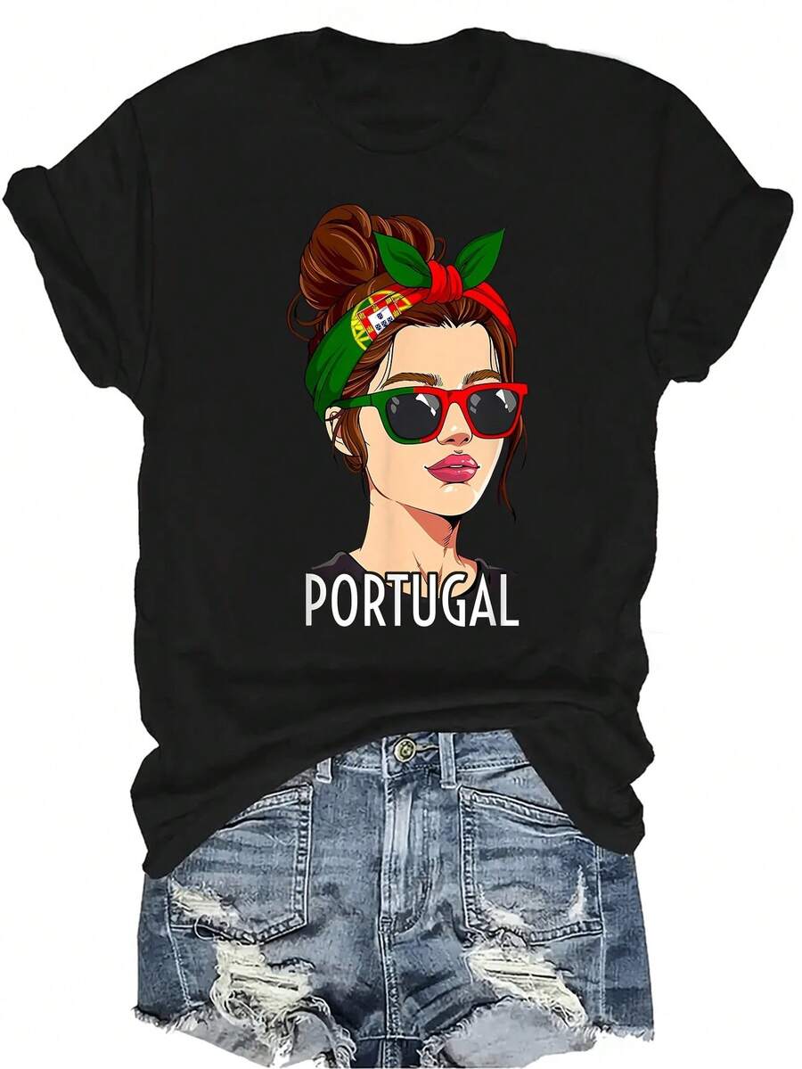 [Camiseta de moda casual] Camiseta suave y cómoda para mujer - Camiseta de manga corta de cuello redondo con gafas de sol con la bandera de Portugal, regalo perfecto para la abuela y la mamá, uso casual de primavera y verano - Negro - Ver 1