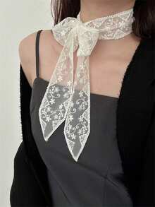 1条柔软优雅的蕾丝围巾，时尚花卉刺绣围巾，多功能，适合办公室女士用作腕带、头带、颈巾 - 白色 - 查看 2